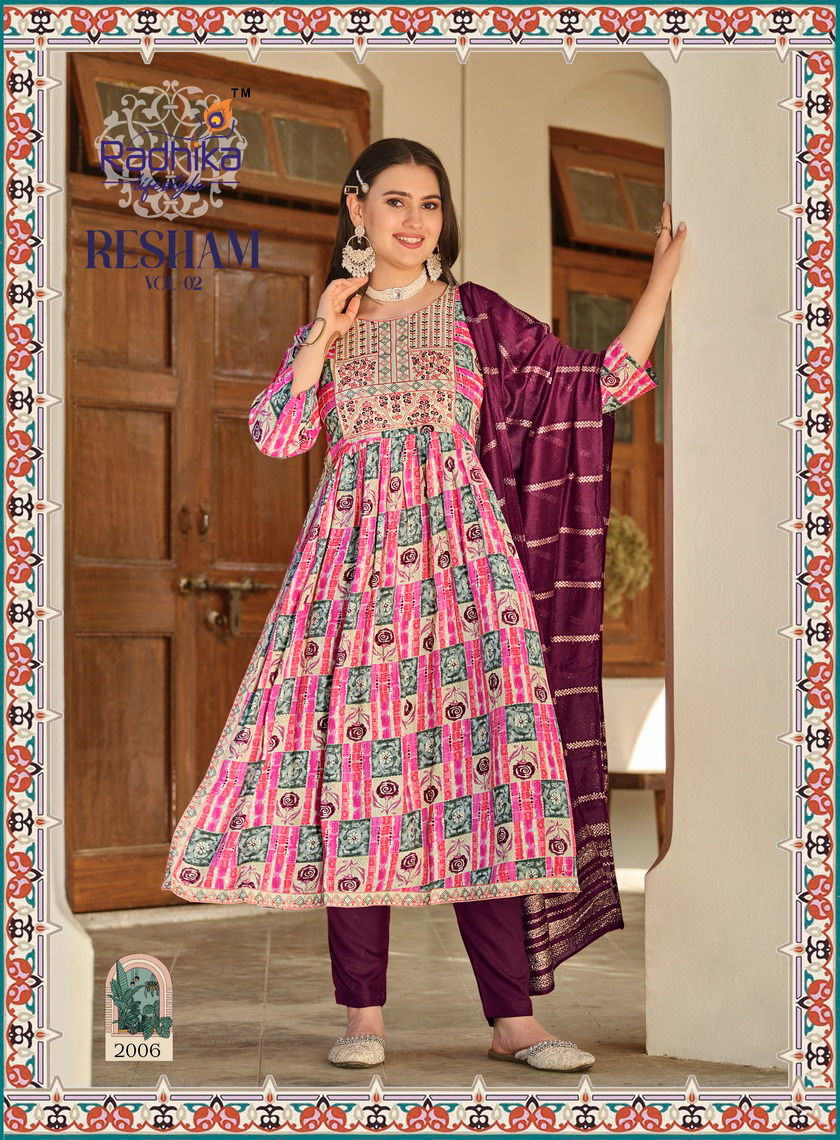 Resham Vol 2 By Radhika Naira Cut Printed Embroidery Kurti With Bottom Dupatta Wholesale Online